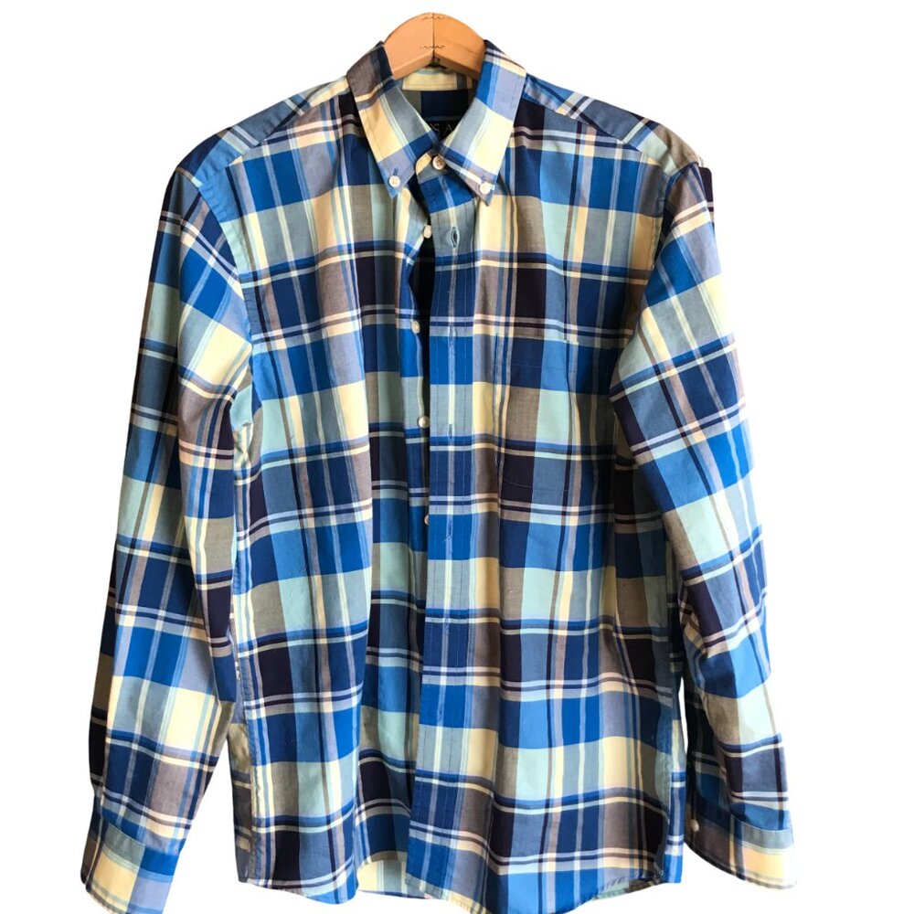 Jos. A. Bank Plaid Cotton Shirt, Button-Down Tailored Fit, Blue Yellow, Men’s M